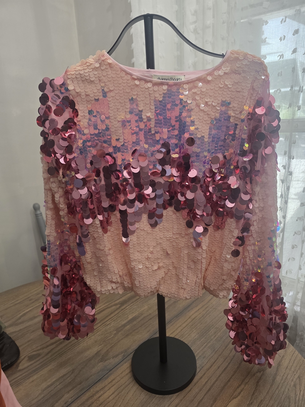 Sequined Pink Long-Sleeve Blouse Sz Small